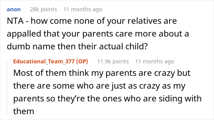 Reddit comments discussing family reactions to a secret name change. Reddit comments discussing family reactions to a secret name change.