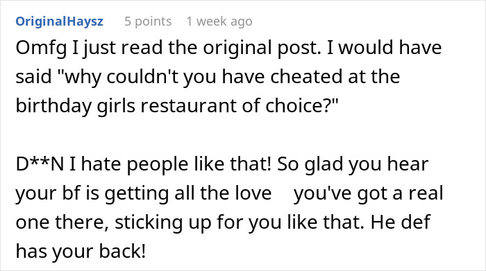 Comment discussing birthday plans changed for diet but friend orders food she "can’t" eat. Comment discussing birthday plans changed for diet but friend orders food she "can’t" eat.