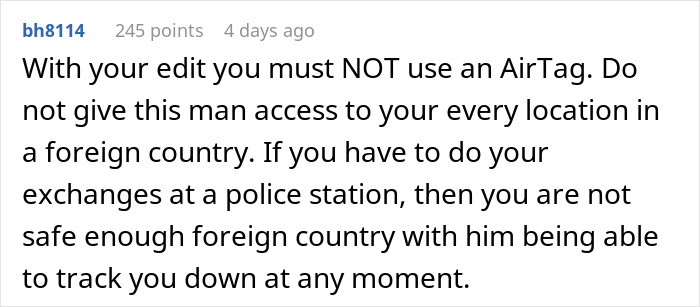 Comment warning against using an AirTag to track a child during a trip to Europe due to privacy and safety concerns.