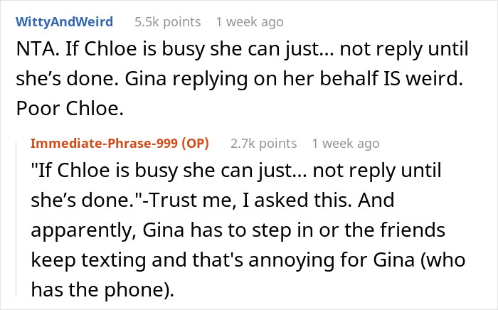 Reddit discussion about a teen calling a friend's mom weird for checking her phone. Disagreement over replying etiquette. Reddit discussion about a teen calling a friend's mom weird for checking her phone. Disagreement over replying etiquette.