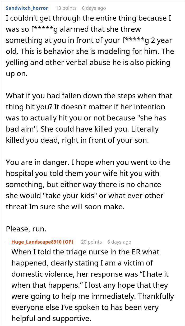 Reddit comments discuss wife's anger leading to throwing a heavy box at husband, highlighting domestic conflict. Reddit comments discuss wife's anger leading to throwing a heavy box at husband, highlighting domestic conflict.