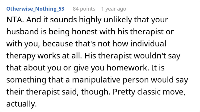 Comment discussing doubts about husband, therapist, and wife homework in a personal therapy and relationship context. Comment discussing doubts about husband, therapist, and wife homework in a personal therapy and relationship context.