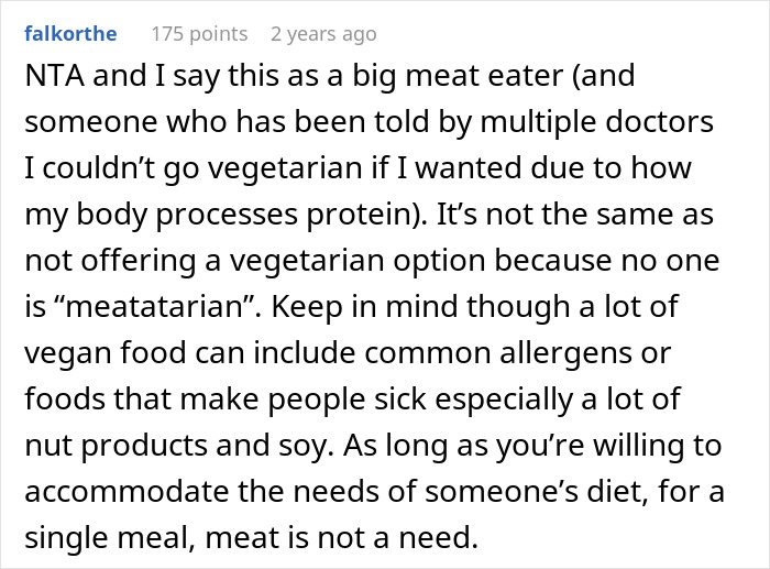 Online discussion about wedding meal choices, focusing on not offering a meat option. Online discussion about wedding meal choices, focusing on not offering a meat option.