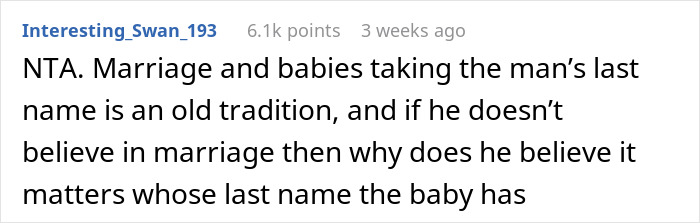 Reddit comment discussing marriage tradition, babies taking father's last name, and questioning its relevance. Reddit comment discussing marriage tradition, babies taking father's last name, and questioning its relevance.