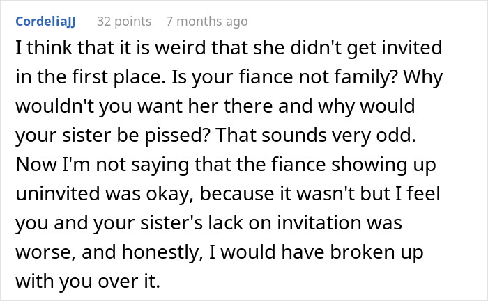 Comment discussing a woman's unexpected arrival on a fiancé's family vacation and the resulting breakup. Comment discussing a woman's unexpected arrival on a fiancé's family vacation and the resulting breakup.