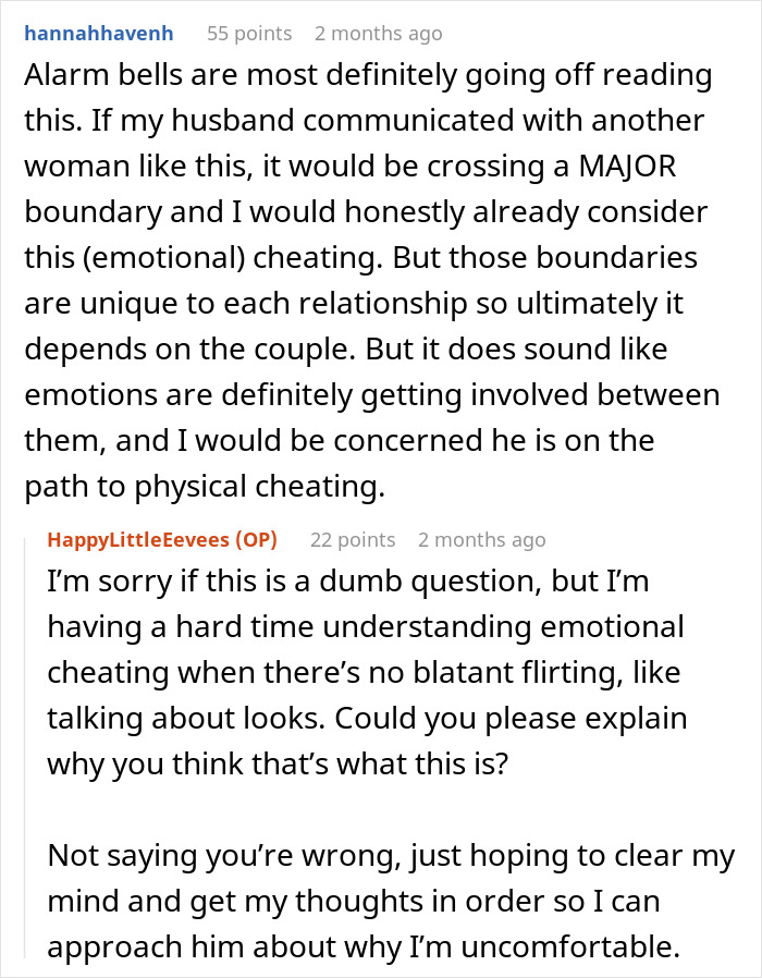 Text conversation discussing emotional cheating concerns after husband’s late-night drinks with coworker and relationship boundaries. Text conversation discussing emotional cheating concerns after husband’s late-night drinks with coworker and relationship boundaries.