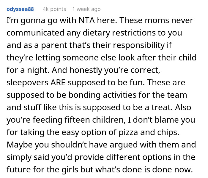 Text about a mom serving pizza and snacks at a softball team sleepover, discussing dietary responsibilities. Text about a mom serving pizza and snacks at a softball team sleepover, discussing dietary responsibilities.