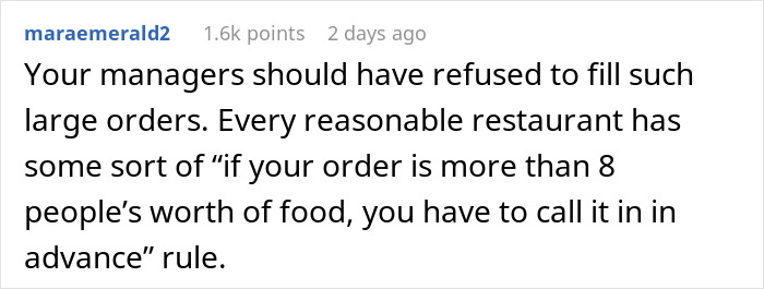 Text from a comment discussing break policy and large order rules in restaurants. Text from a comment discussing break policy and large order rules in restaurants.