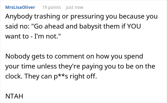 Reddit comment discussing stress and refusing to babysit. Reddit comment discussing stress and refusing to babysit.
