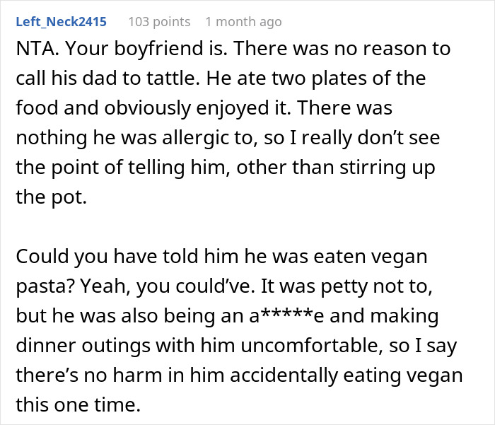 Online comment about father-in-law's reaction to eating vegetarian meatballs unknowingly. Online comment about father-in-law's reaction to eating vegetarian meatballs unknowingly.