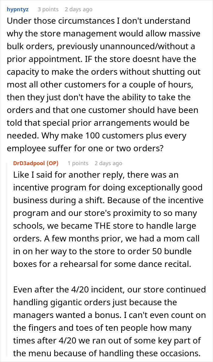 Reddit discussion on employee break policy and store chaos, highlighting issues with handling large orders. Reddit discussion on employee break policy and store chaos, highlighting issues with handling large orders.