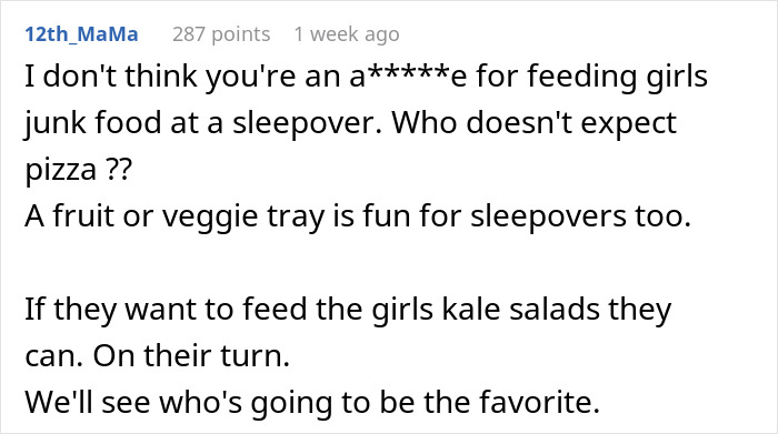 Comment supporting mom serving pizza and snacks at softball team sleepover. Comment supporting mom serving pizza and snacks at softball team sleepover.