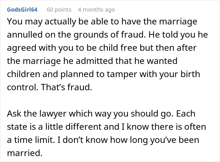 Comment discussing marriage annulment due to tampering with birth control. Comment discussing marriage annulment due to tampering with birth control.
