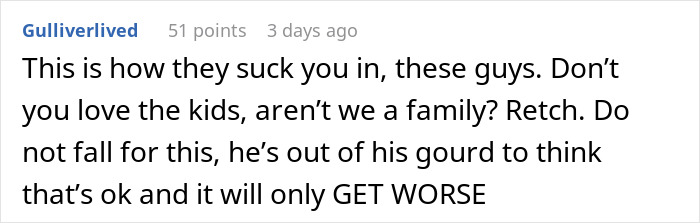 Comment expressing concern about expecting husband to be home every night with kids. Comment expressing concern about expecting husband to be home every night with kids.