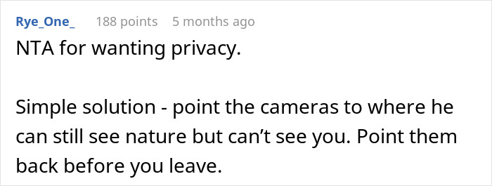 Text comment discussing privacy related to vacation house security cameras. Text comment discussing privacy related to vacation house security cameras.