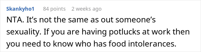 Reddit comment discussing gluten-free diet and food intolerances at work potlucks. Reddit comment discussing gluten-free diet and food intolerances at work potlucks.