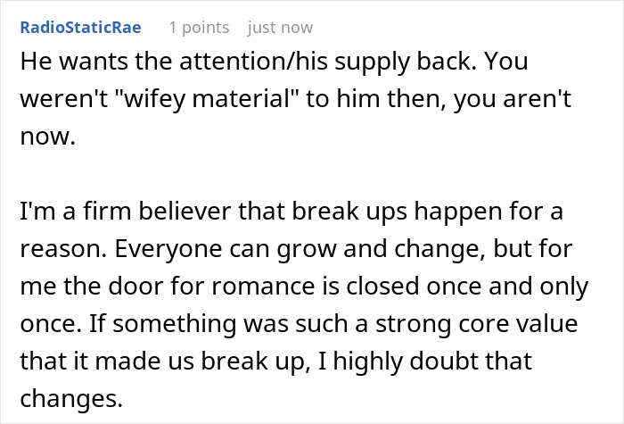 Reddit comment discussing breakups and romance closure after a woman gets dumped following a 9-year relationship. Reddit comment discussing breakups and romance closure after a woman gets dumped following a 9-year relationship.