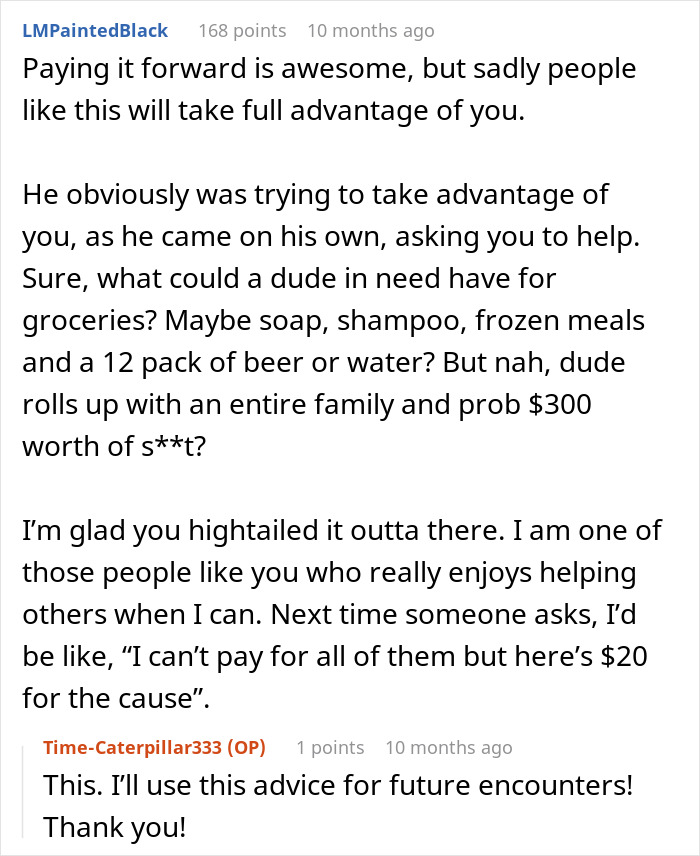 Comment discussing a man who asks a stranger to pay for his groceries, highlighting concerns of taking advantage.