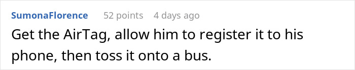 User comment about using an AirTag to track a child during a trip discussed in online forum thread. User comment about using an AirTag to track a child during a trip discussed in online forum thread.