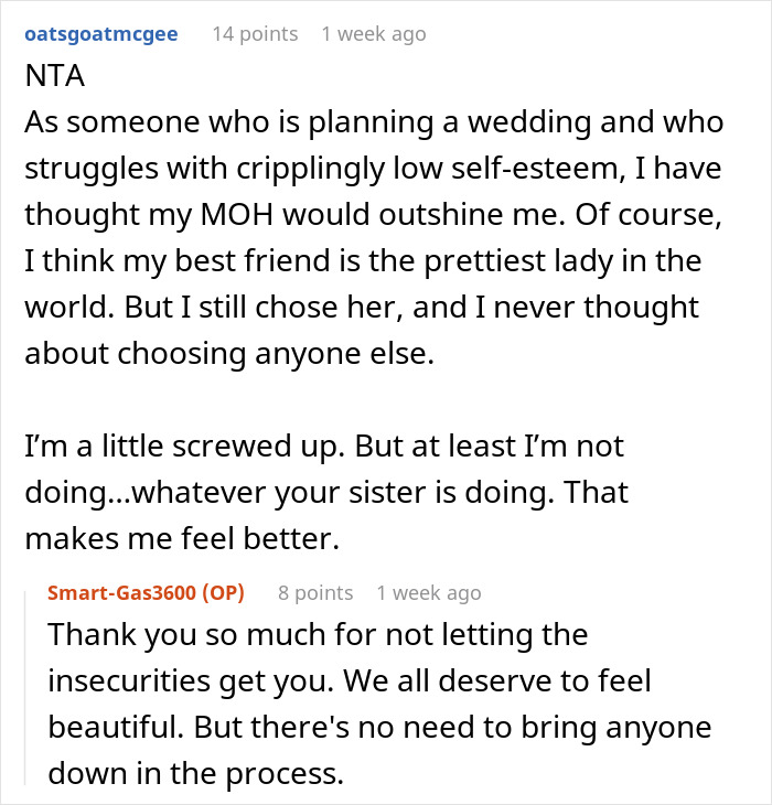 Reddit comments discussing a bride's choice of bridesmaids based on appearance and self-esteem issues. Reddit comments discussing a bride's choice of bridesmaids based on appearance and self-esteem issues.