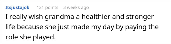 Comment expressing gratitude for a grandmother's support in family relationship conflict. Comment expressing gratitude for a grandmother's support in family relationship conflict.