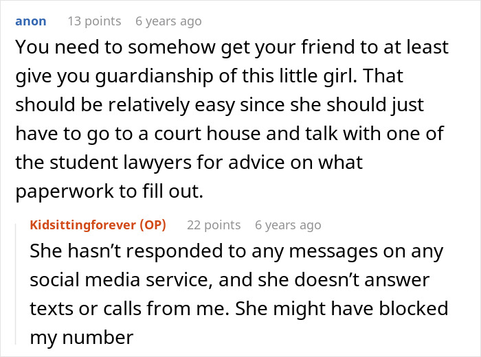 Text exchange about babysitting a daughter, discussing guardianship and lack of communication from the mother. Text exchange about babysitting a daughter, discussing guardianship and lack of communication from the mother.