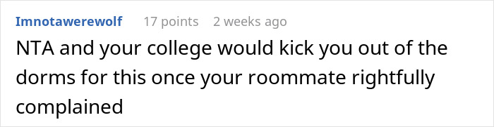 Reddit comment discussing refusal to share college dorm room. Reddit comment discussing refusal to share college dorm room.