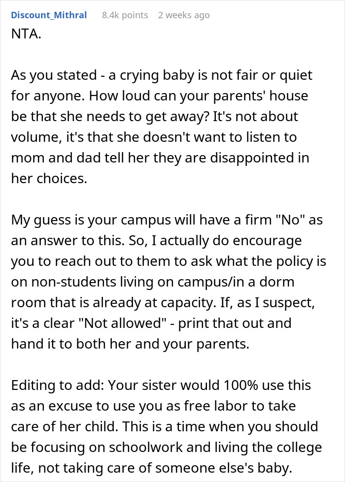 Text discussing refusal to share college dorm room with older sister and baby, advice against it. Text discussing refusal to share college dorm room with older sister and baby, advice against it.