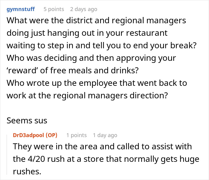 Discussion on employees sticking to break policy amid chaotic kitchen scene. Discussion on employees sticking to break policy amid chaotic kitchen scene.