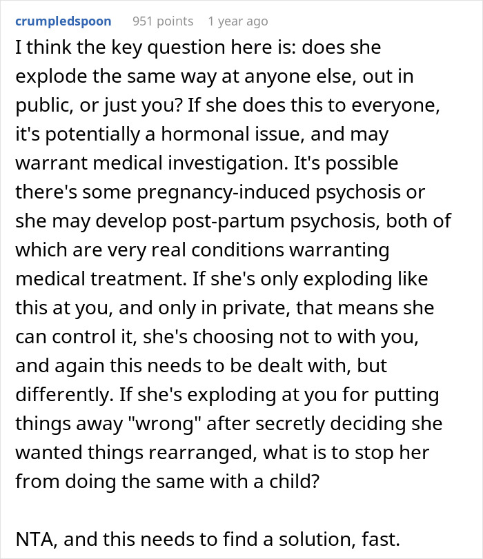 Reddit comment discussing pregnant wife's emotional outbursts and medical concerns, urging a solution for the husband. Reddit comment discussing pregnant wife's emotional outbursts and medical concerns, urging a solution for the husband.