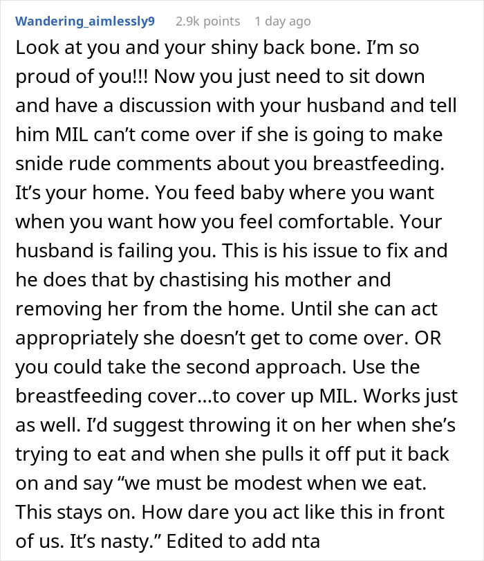 Text from an online forum discussing a woman's response to rude comments about breastfeeding. Text from an online forum discussing a woman's response to rude comments about breastfeeding.