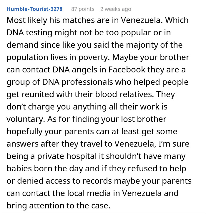 Text post offering advice on family DNA results and finding lost relatives in Venezuela. Text post offering advice on family DNA results and finding lost relatives in Venezuela.