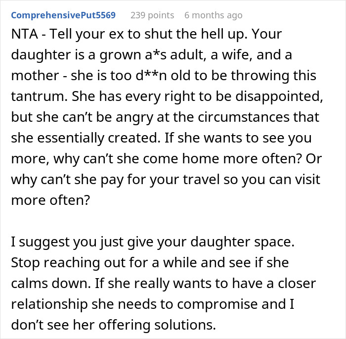 Reddit comment discussing a mom's frustration over her daughter expecting help despite living far away. Reddit comment discussing a mom's frustration over her daughter expecting help despite living far away.