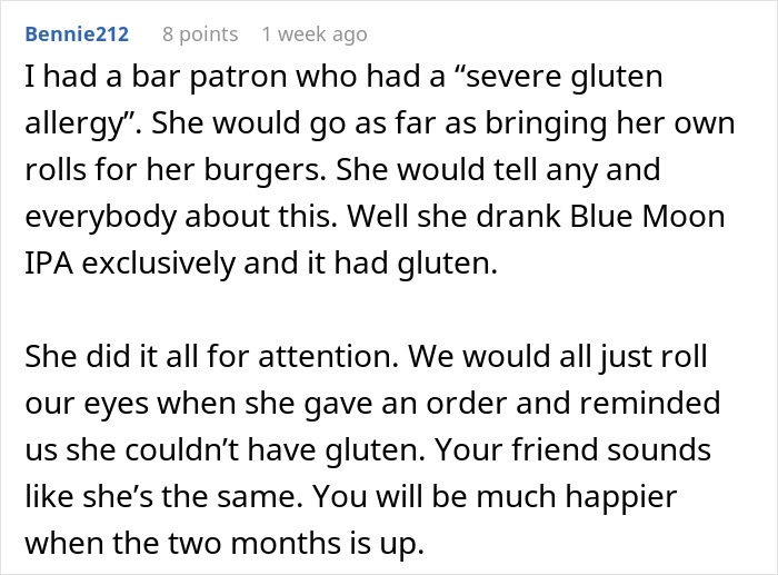 Text post about a bar patron claiming gluten allergy while consuming gluten, relating to birthday diet demands. Text post about a bar patron claiming gluten allergy while consuming gluten, relating to birthday diet demands.