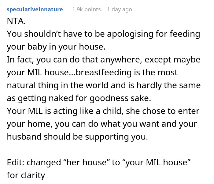 Text comment supporting woman breastfeeding at home despite MIL's rude remarks. Text comment supporting woman breastfeeding at home despite MIL's rude remarks.