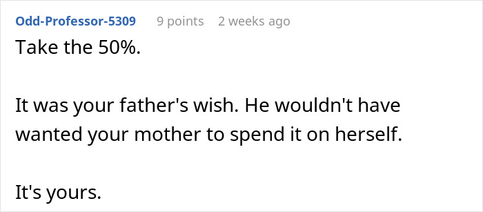 Comment discussing inheritance and keeping a share of parents' apartment money. Comment discussing inheritance and keeping a share of parents' apartment money.