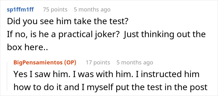 Reddit conversation about family DNA results, discussing test procedures and practical jokes. Reddit conversation about family DNA results, discussing test procedures and practical jokes.