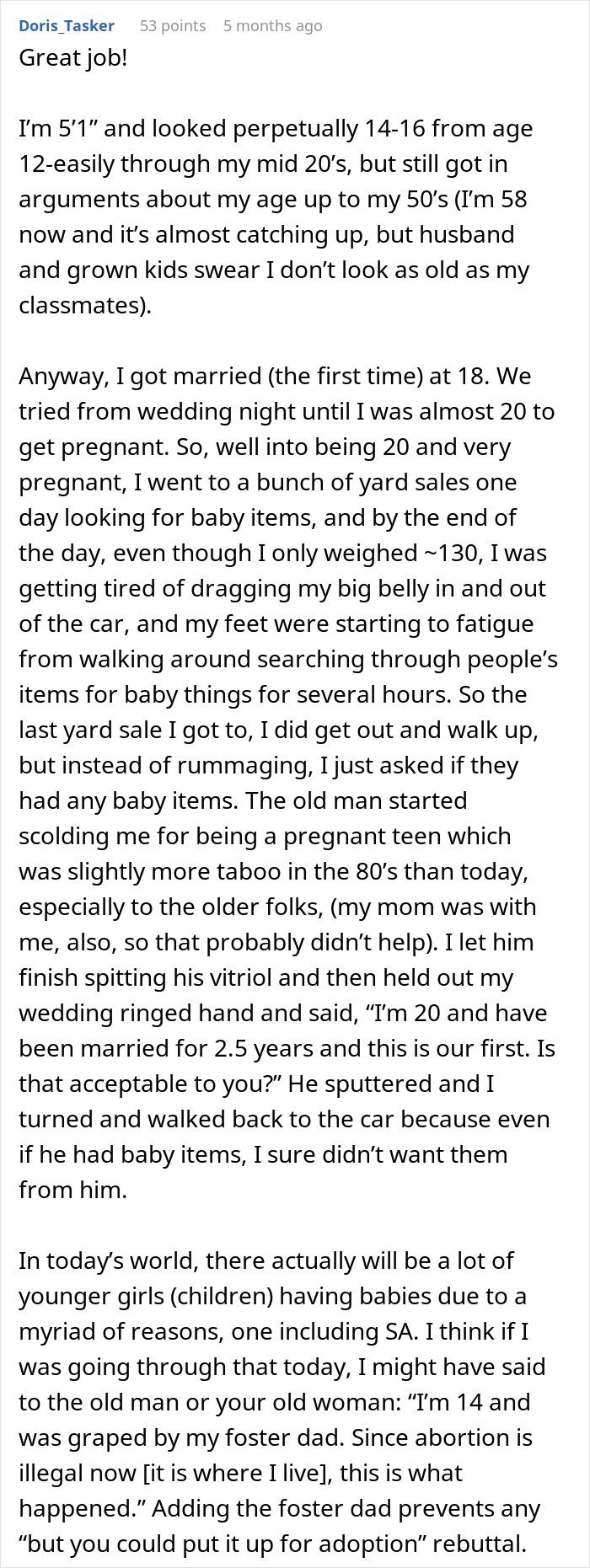 New mom recounts being mistaken for a teen pregnancy and confronting an older couple at a yard sale. New mom recounts being mistaken for a teen pregnancy and confronting an older couple at a yard sale.