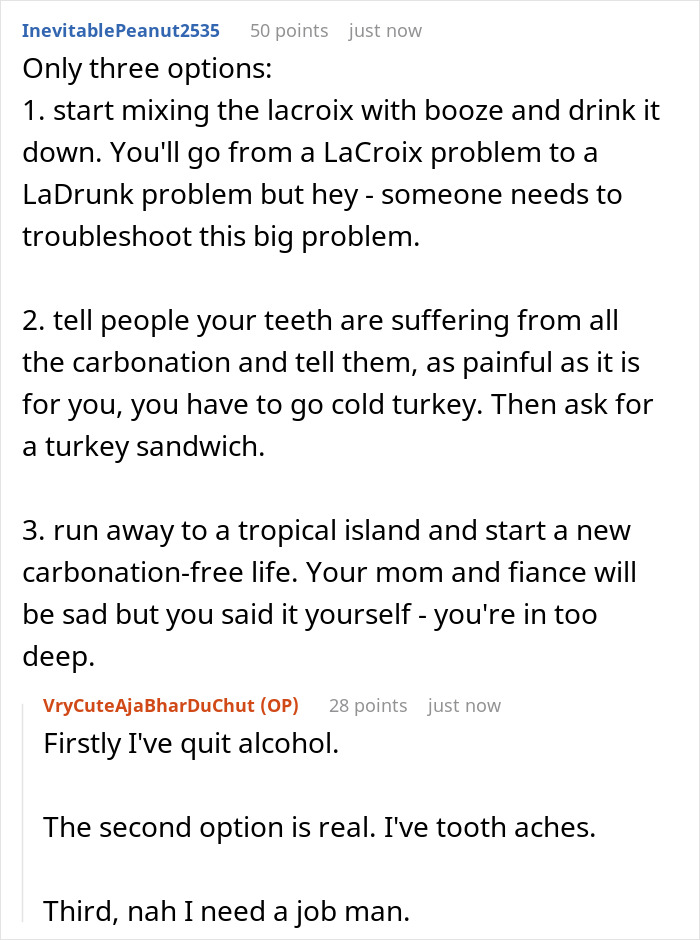 Reddit comment thread humorously discussing faked liking of sparkling water with comedic options. Reddit comment thread humorously discussing faked liking of sparkling water with comedic options.