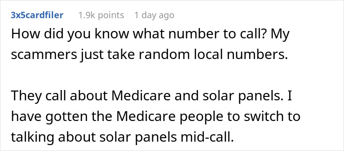 Text conversation about spam calls discussing scammers using random numbers and topics like Medicare and solar panels. Text conversation about spam calls discussing scammers using random numbers and topics like Medicare and solar panels.