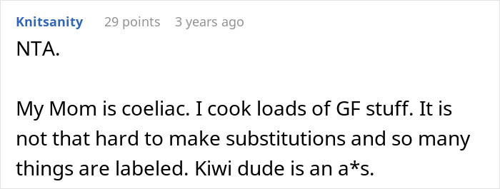 Reddit comment discussing gluten-free substitutions, coeliac cooking, and a critical opinion on someone else. Reddit comment discussing gluten-free substitutions, coeliac cooking, and a critical opinion on someone else.