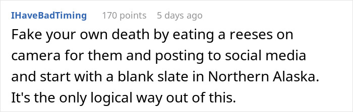 Text comment suggesting dramatic fake death plan to escape fake allergy situation. Text comment suggesting dramatic fake death plan to escape fake allergy situation.