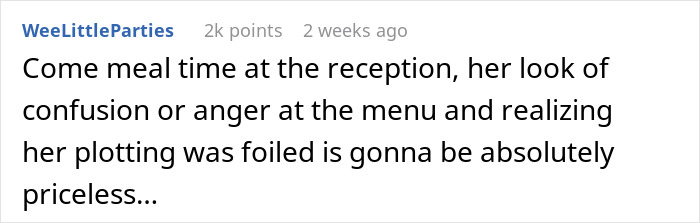 Reddit comment discussing a mother-in-law's reaction to a wedding menu plot, highlighting password protection. Reddit comment discussing a mother-in-law's reaction to a wedding menu plot, highlighting password protection.