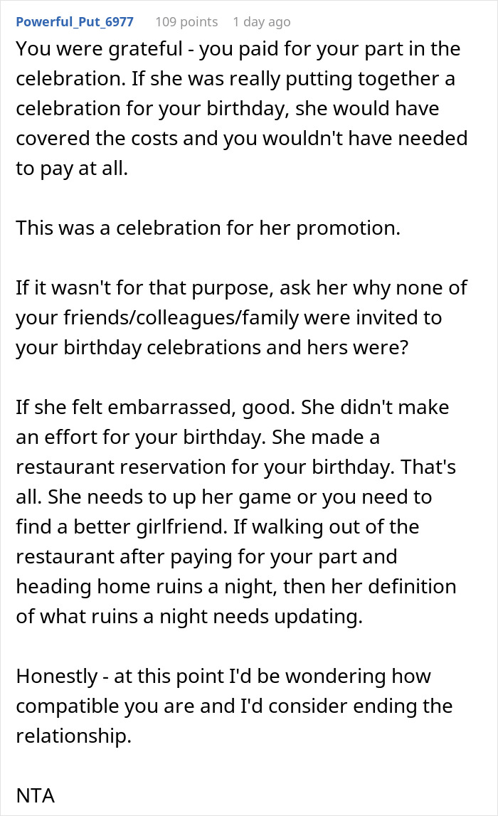 Comment on a relationship conflict where a birthday dinner becomes a promotion celebration. Comment on a relationship conflict where a birthday dinner becomes a promotion celebration.