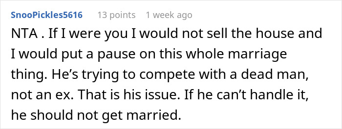 Comment discussing a man's issue with a future wife's tattoo linked to her late husband. Comment discussing a man's issue with a future wife's tattoo linked to her late husband.