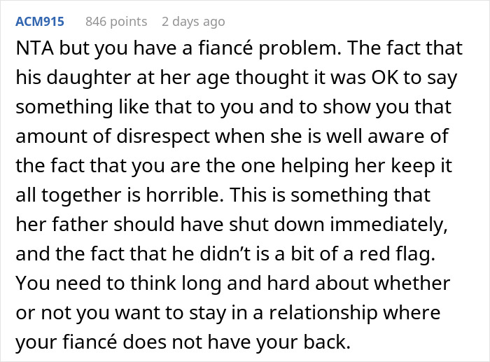 Comment discussing issues with fiancé and his daughter calling someone a gold digger. Comment discussing issues with fiancé and his daughter calling someone a gold digger.