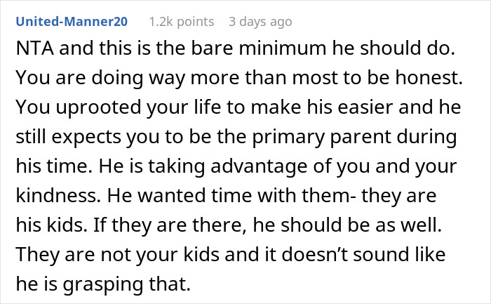 Reddit comment discussing expectations for a husband's presence with his kids. Reddit comment discussing expectations for a husband's presence with his kids.