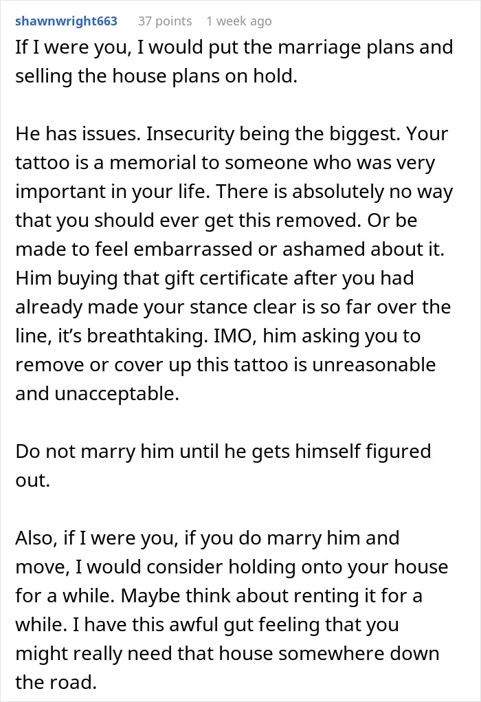 Text advising against marriage due to issues with future wife's late husband tattoo. Text advising against marriage due to issues with future wife's late husband tattoo.