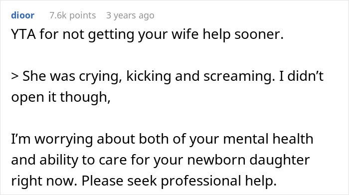 Text discussing concerns about wife and newborn care in a comment, urging professional help. Text discussing concerns about wife and newborn care in a comment, urging professional help.