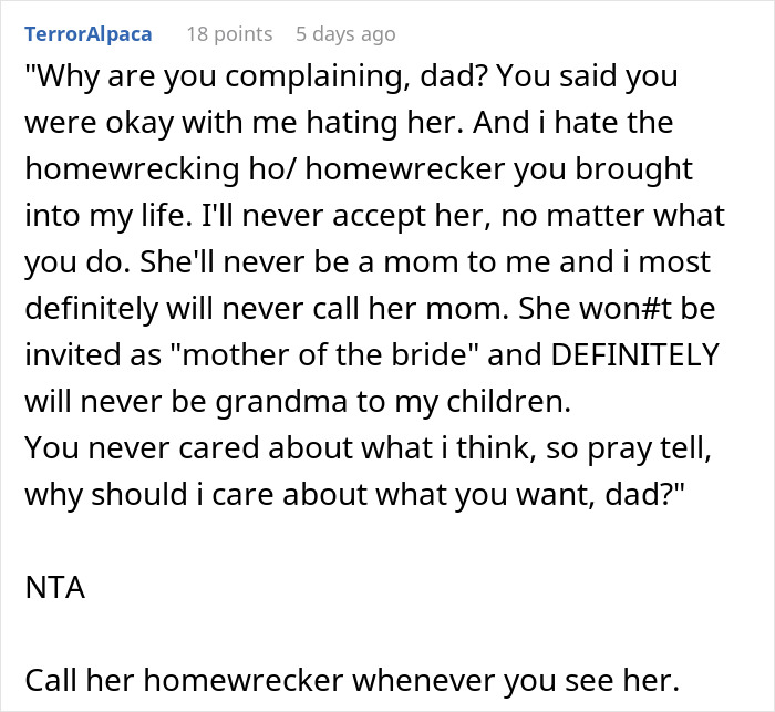 Text conversation expressing a daughter's refusal to accept her dad's fiancé as a second mom. Text conversation expressing a daughter's refusal to accept her dad's fiancé as a second mom.